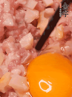 豬肉末、咸肉丁，分次加蔥姜水，一勺糖、一丟白胡椒，春筍丁，打入一個雞蛋
